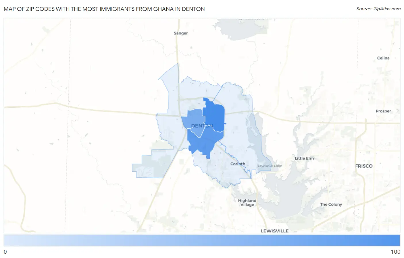 Zip Codes with the Most Immigrants from Ghana in Denton Map