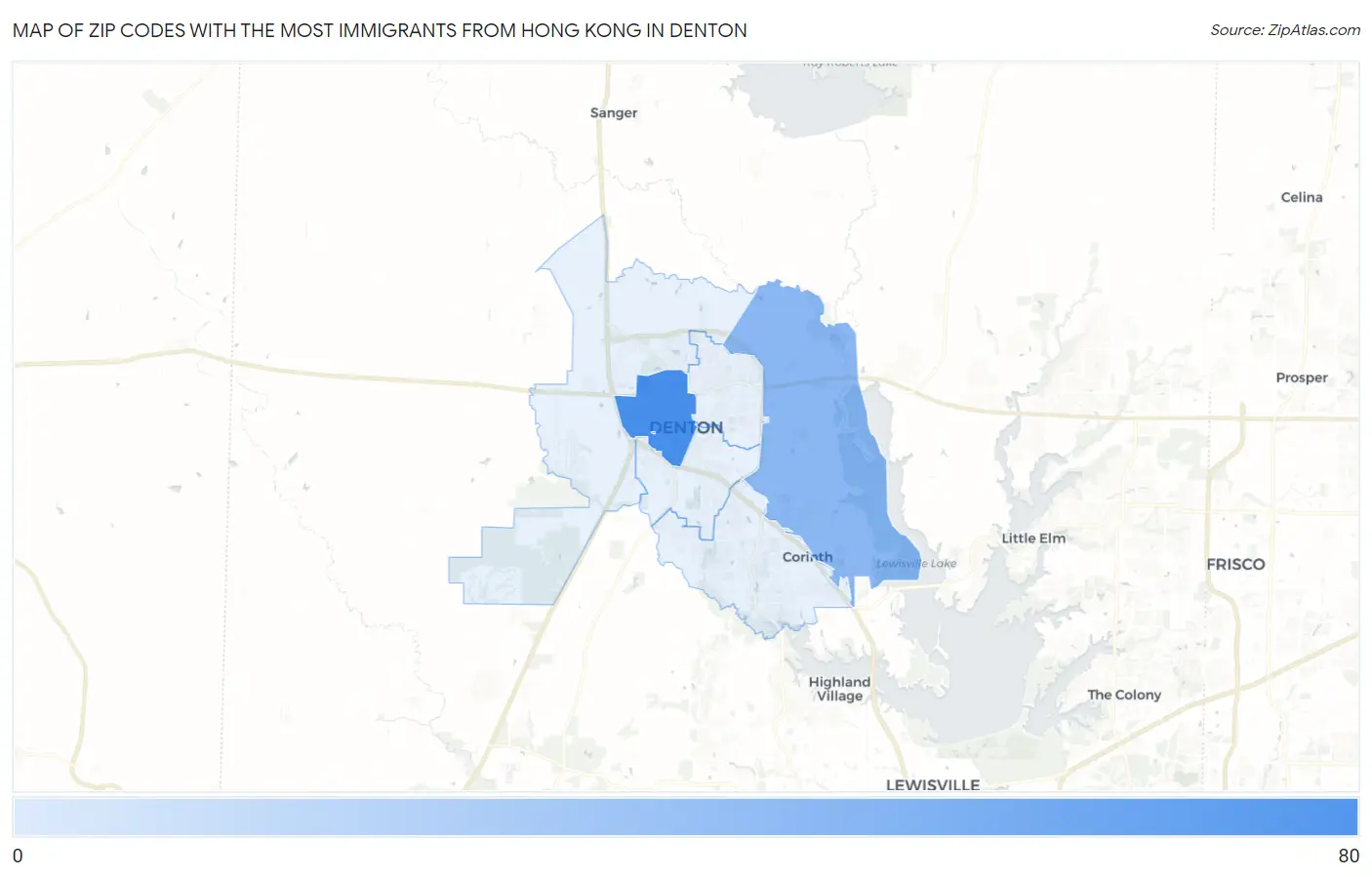Zip Codes with the Most Immigrants from Hong Kong in Denton Map