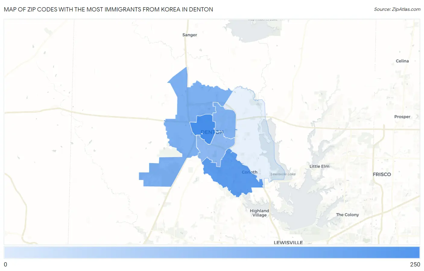 Zip Codes with the Most Immigrants from Korea in Denton Map