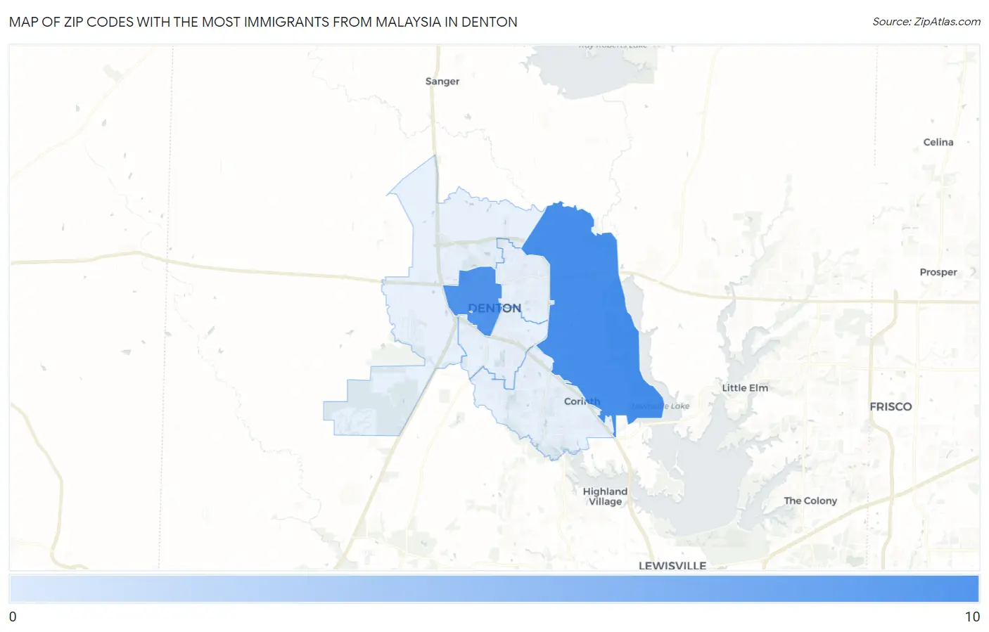 Zip Codes with the Most Immigrants from Malaysia in Denton Map