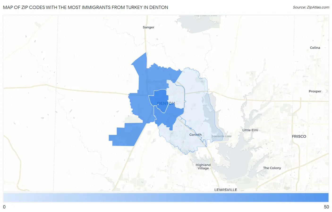 Zip Codes with the Most Immigrants from Turkey in Denton Map