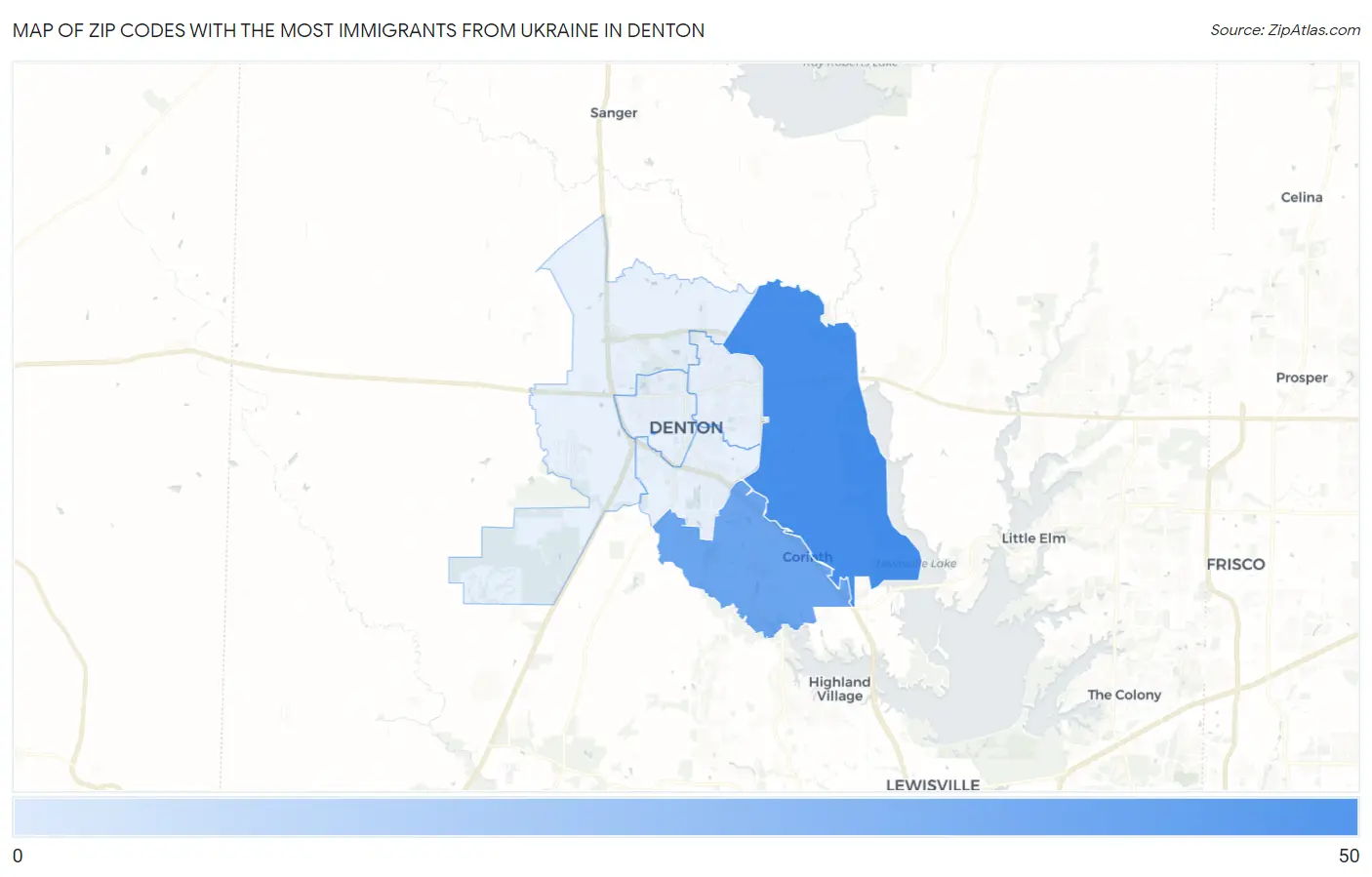 Zip Codes with the Most Immigrants from Ukraine in Denton Map
