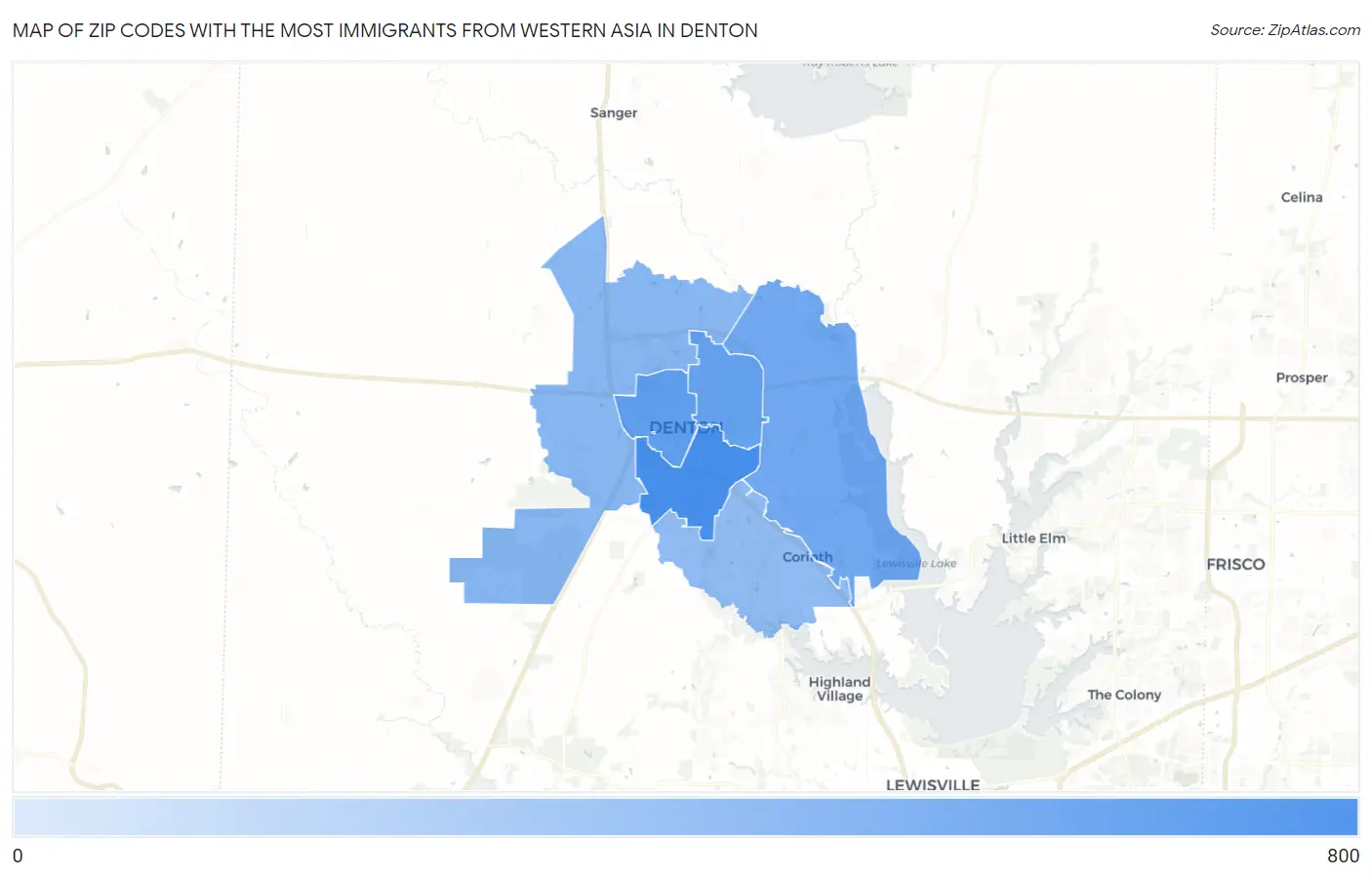 Zip Codes with the Most Immigrants from Western Asia in Denton Map