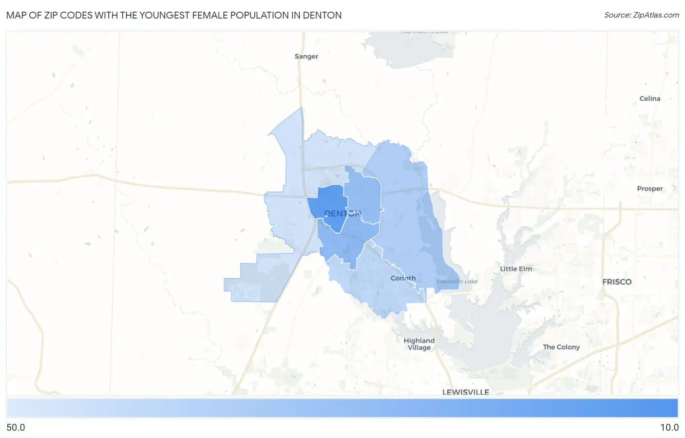 Zip Codes with the Youngest Female Population in Denton Map