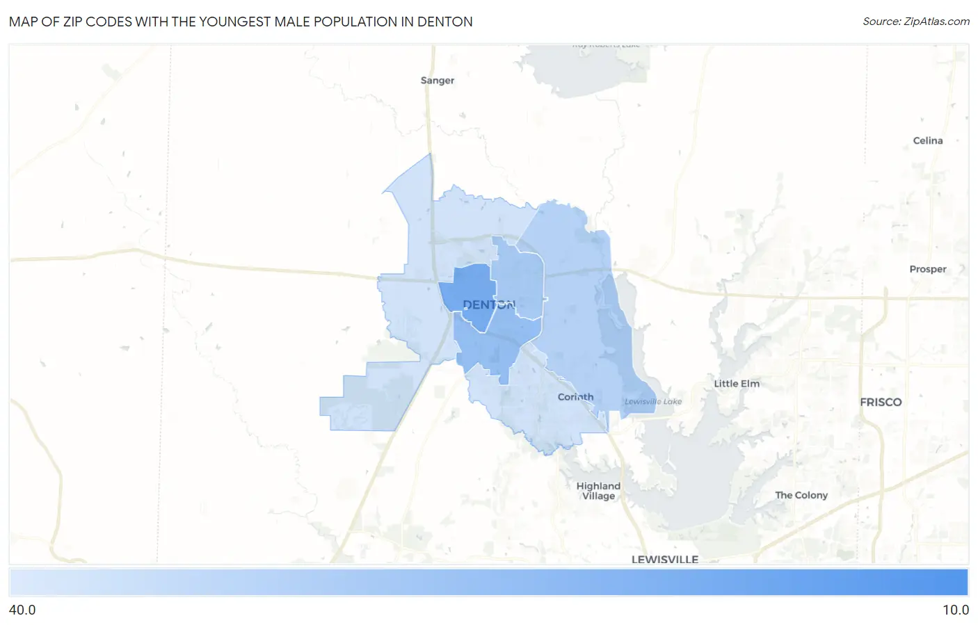 Zip Codes with the Youngest Male Population in Denton Map
