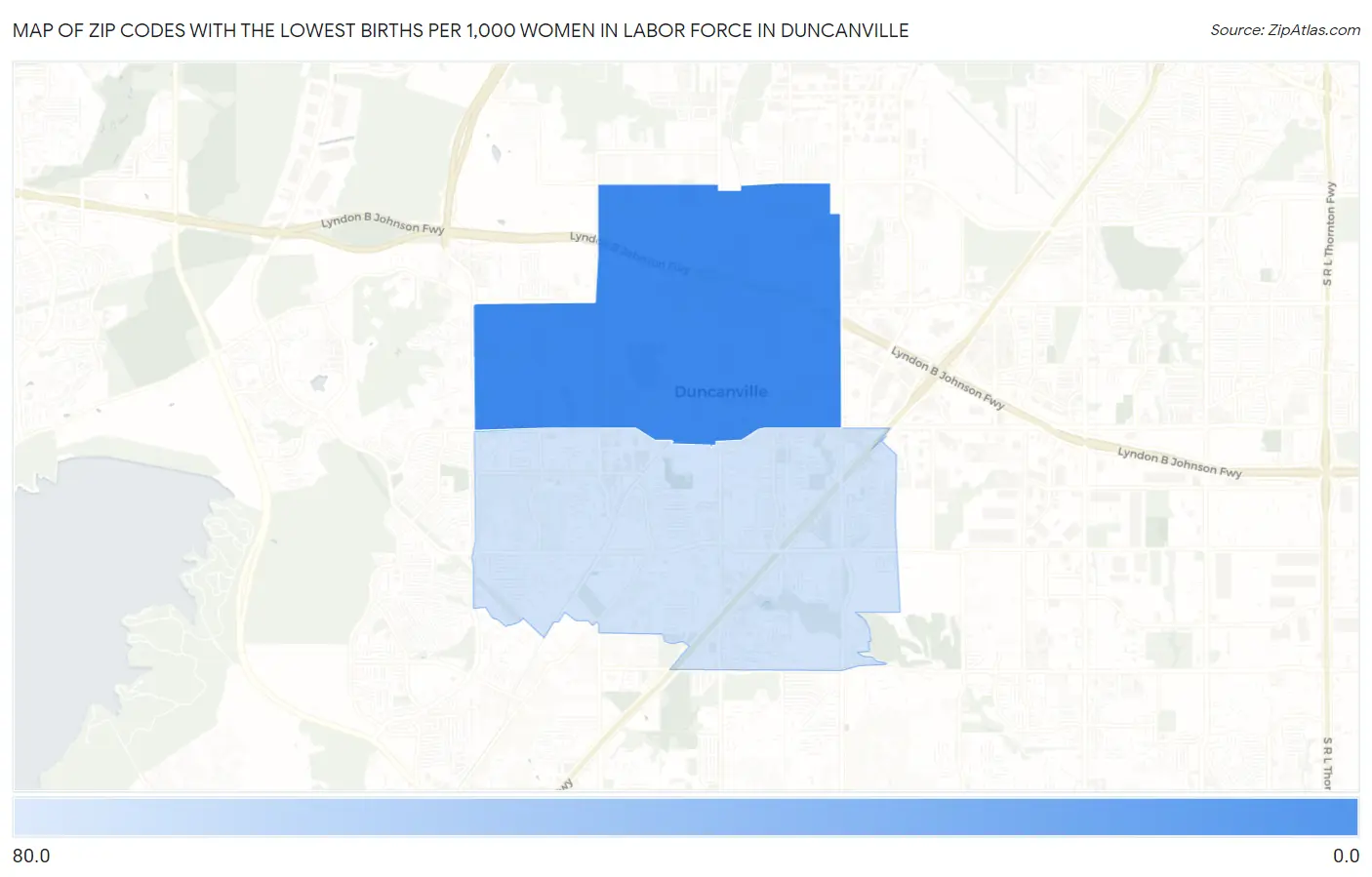 Zip Codes with the Lowest Births per 1,000 Women in Labor Force in Duncanville Map