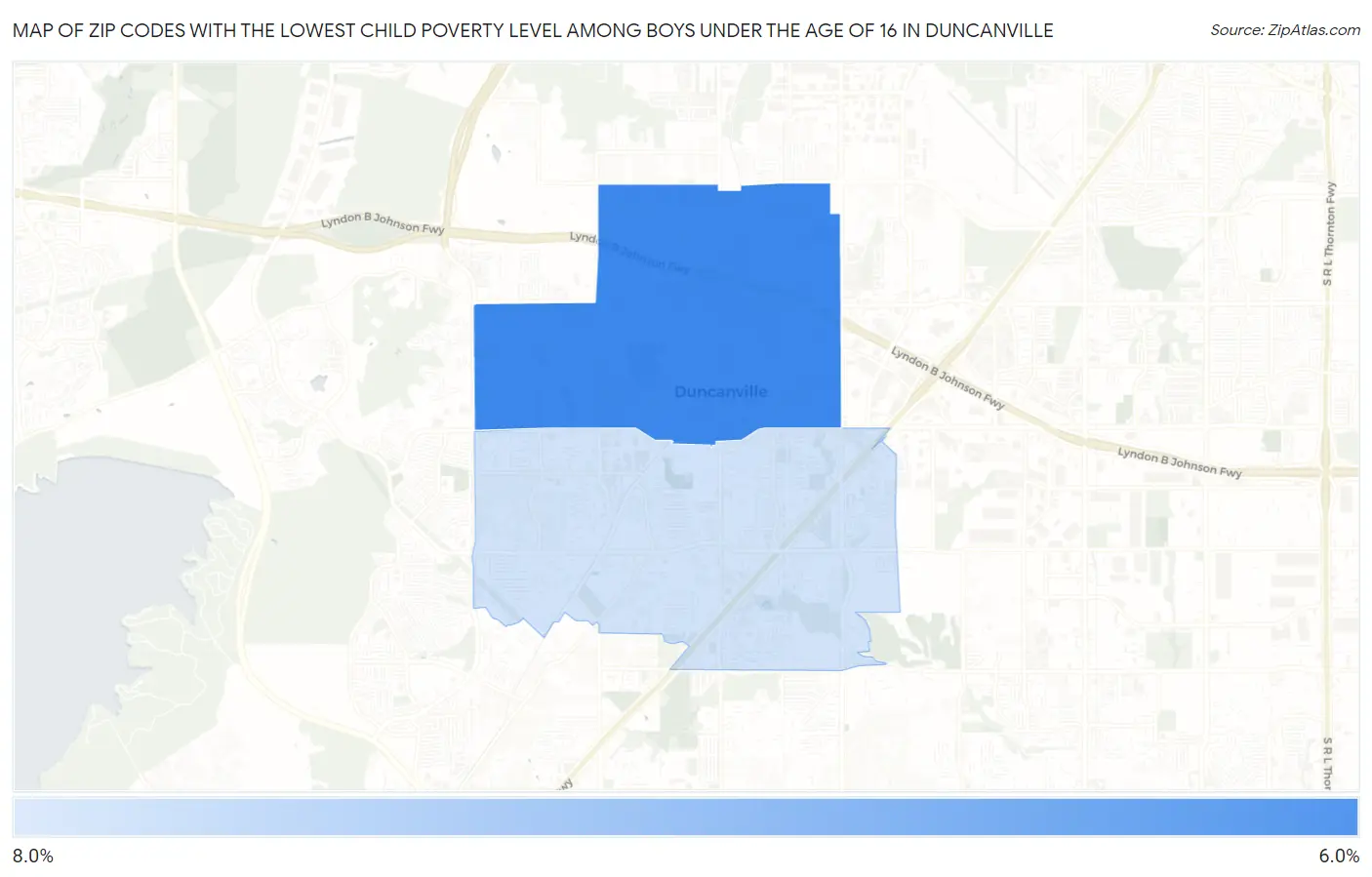 Zip Codes with the Lowest Child Poverty Level Among Boys Under the Age of 16 in Duncanville Map