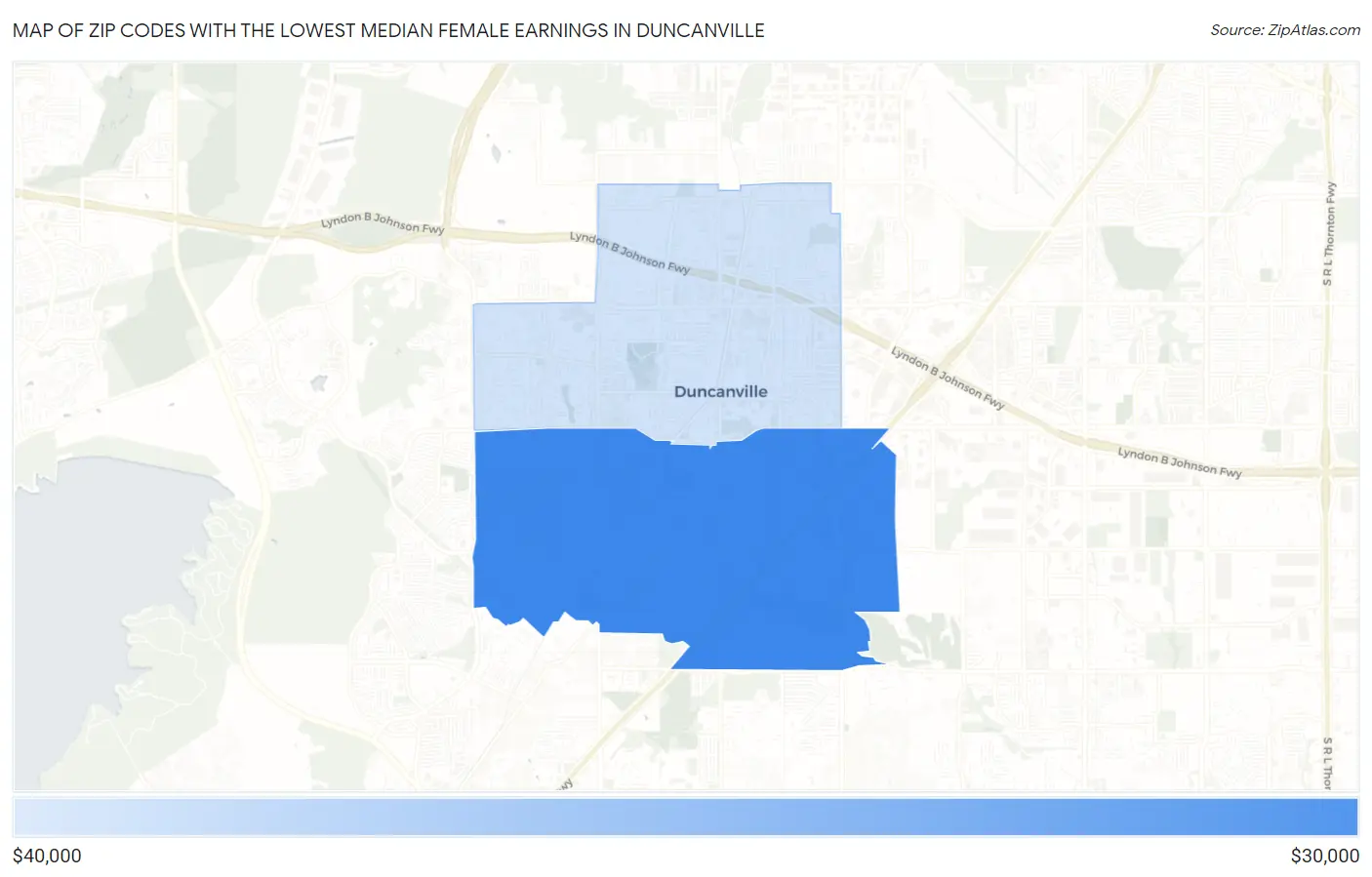 Zip Codes with the Lowest Median Female Earnings in Duncanville Map