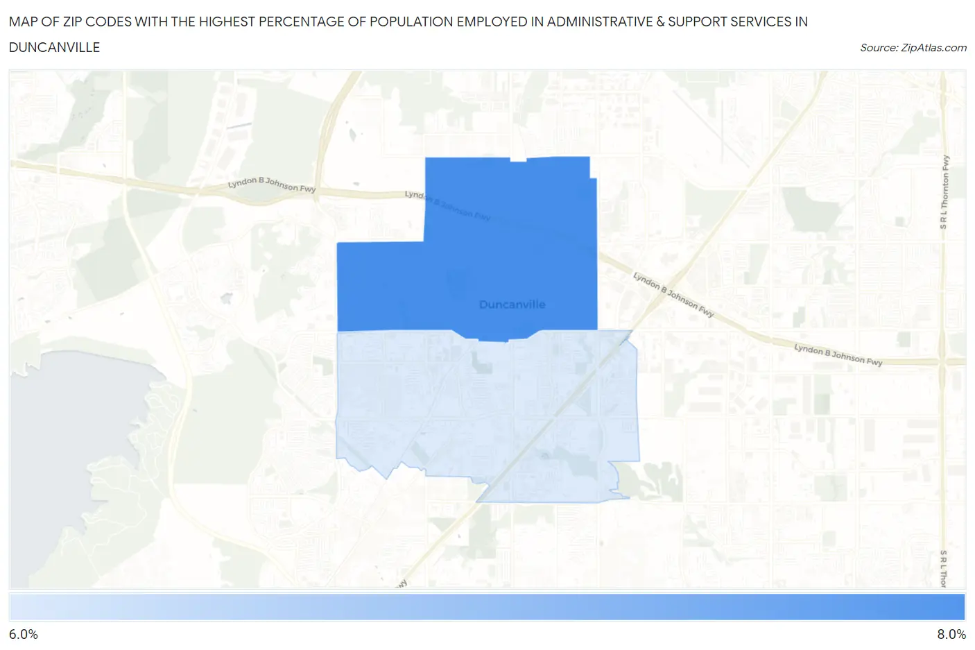 Zip Codes with the Highest Percentage of Population Employed in Administrative & Support Services in Duncanville Map