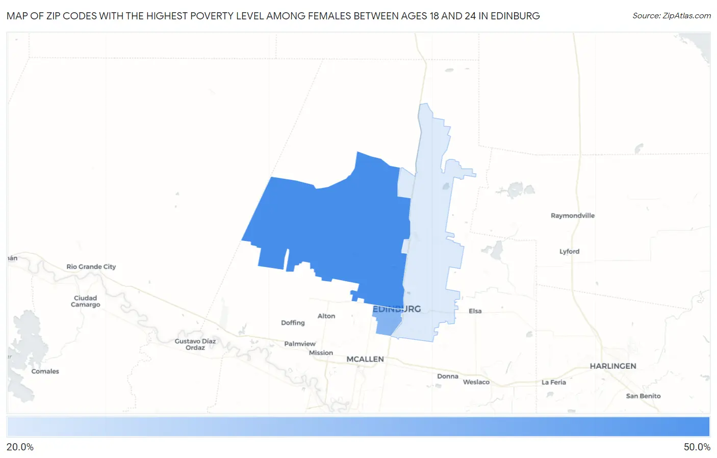 Zip Codes with the Highest Poverty Level Among Females Between Ages 18 and 24 in Edinburg Map