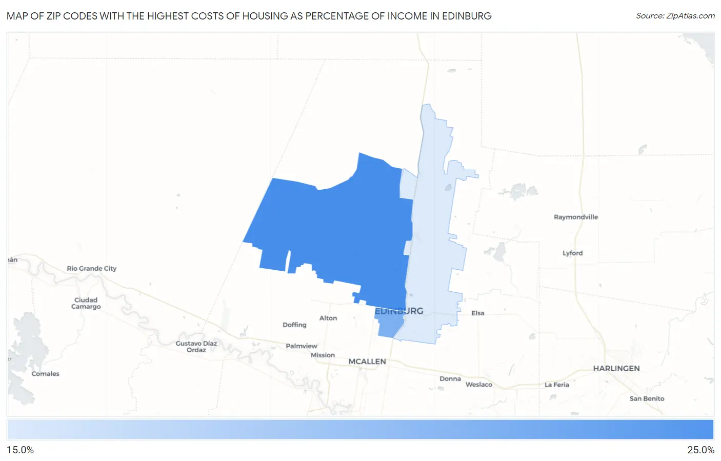Zip Codes with the Highest Costs of Housing as Percentage of Income in Edinburg Map