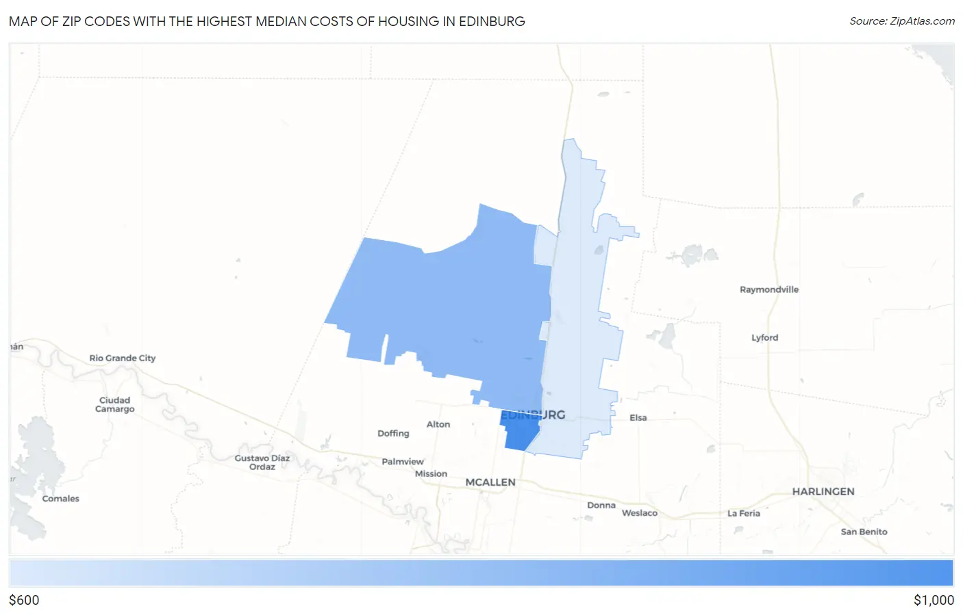 Zip Codes with the Highest Median Costs of Housing in Edinburg Map