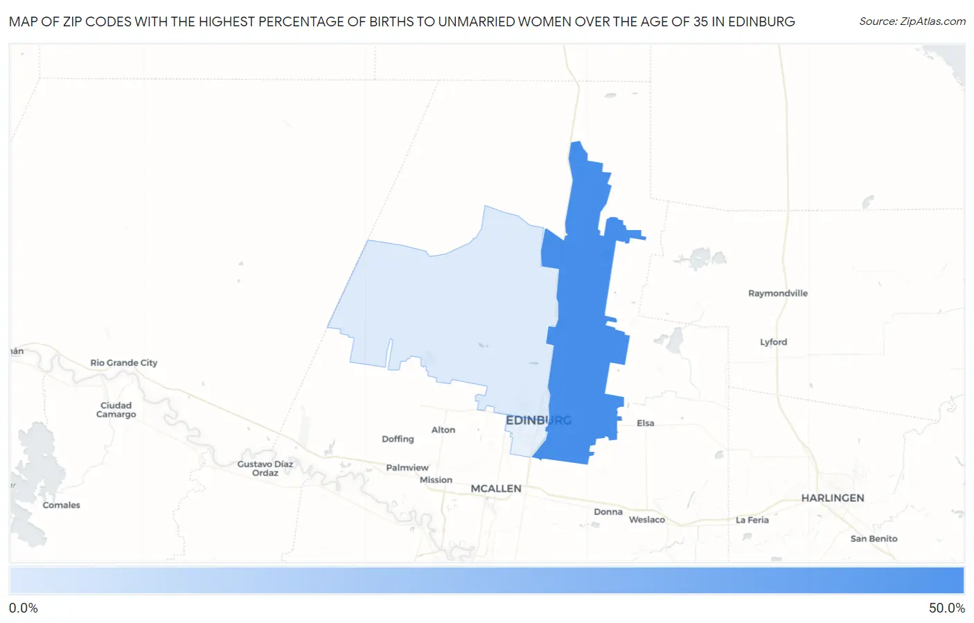 Zip Codes with the Highest Percentage of Births to Unmarried Women over the Age of 35 in Edinburg Map
