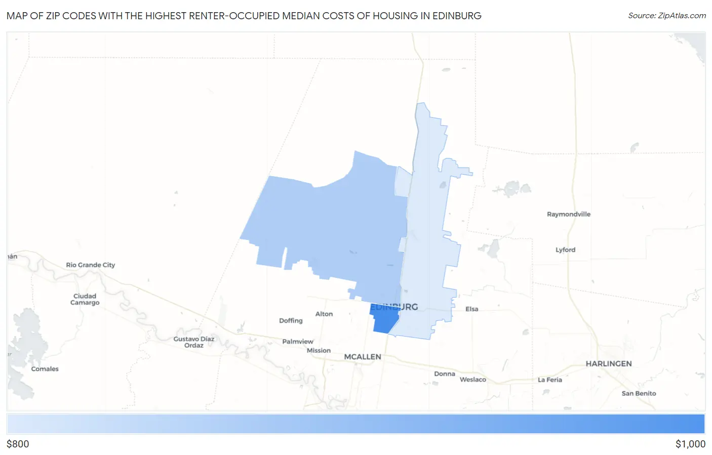 Zip Codes with the Highest Renter-Occupied Median Costs of Housing in Edinburg Map
