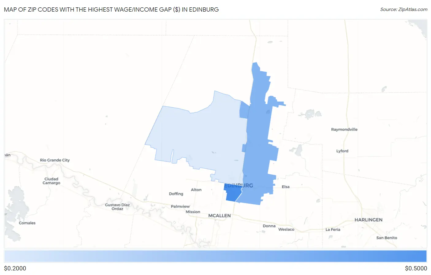 Zip Codes with the Highest Wage/Income Gap ($) in Edinburg Map