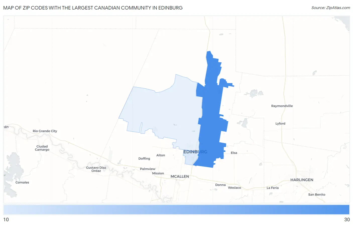 Zip Codes with the Largest Canadian Community in Edinburg Map