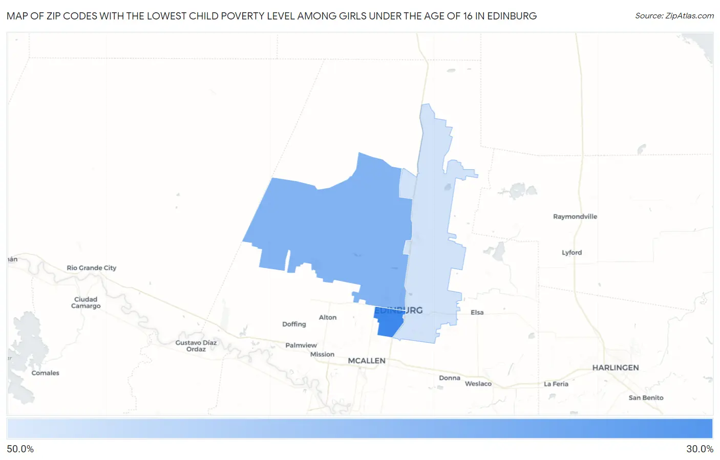 Zip Codes with the Lowest Child Poverty Level Among Girls Under the Age of 16 in Edinburg Map