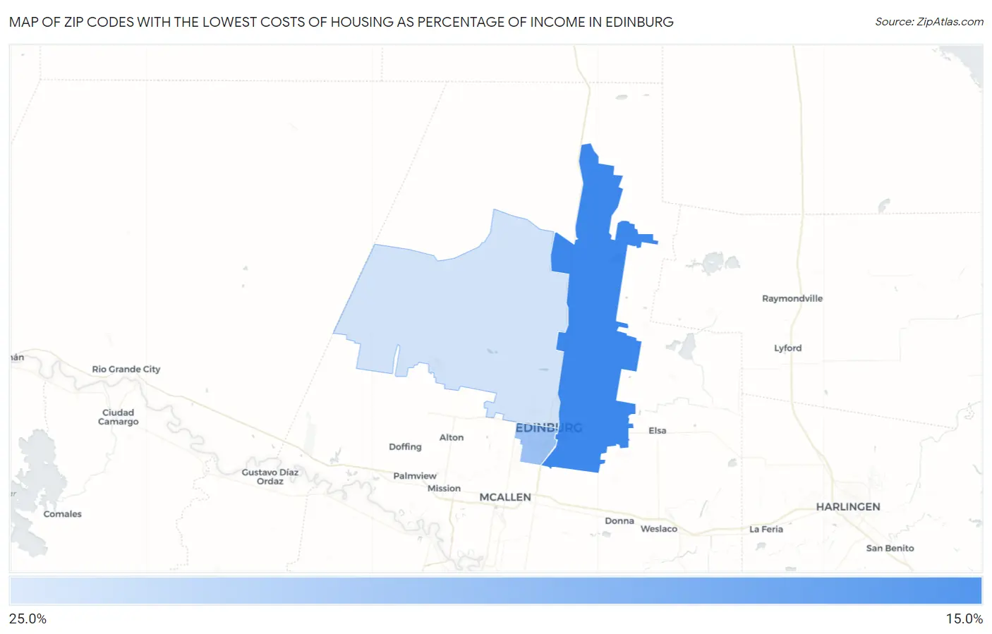 Zip Codes with the Lowest Costs of Housing as Percentage of Income in Edinburg Map