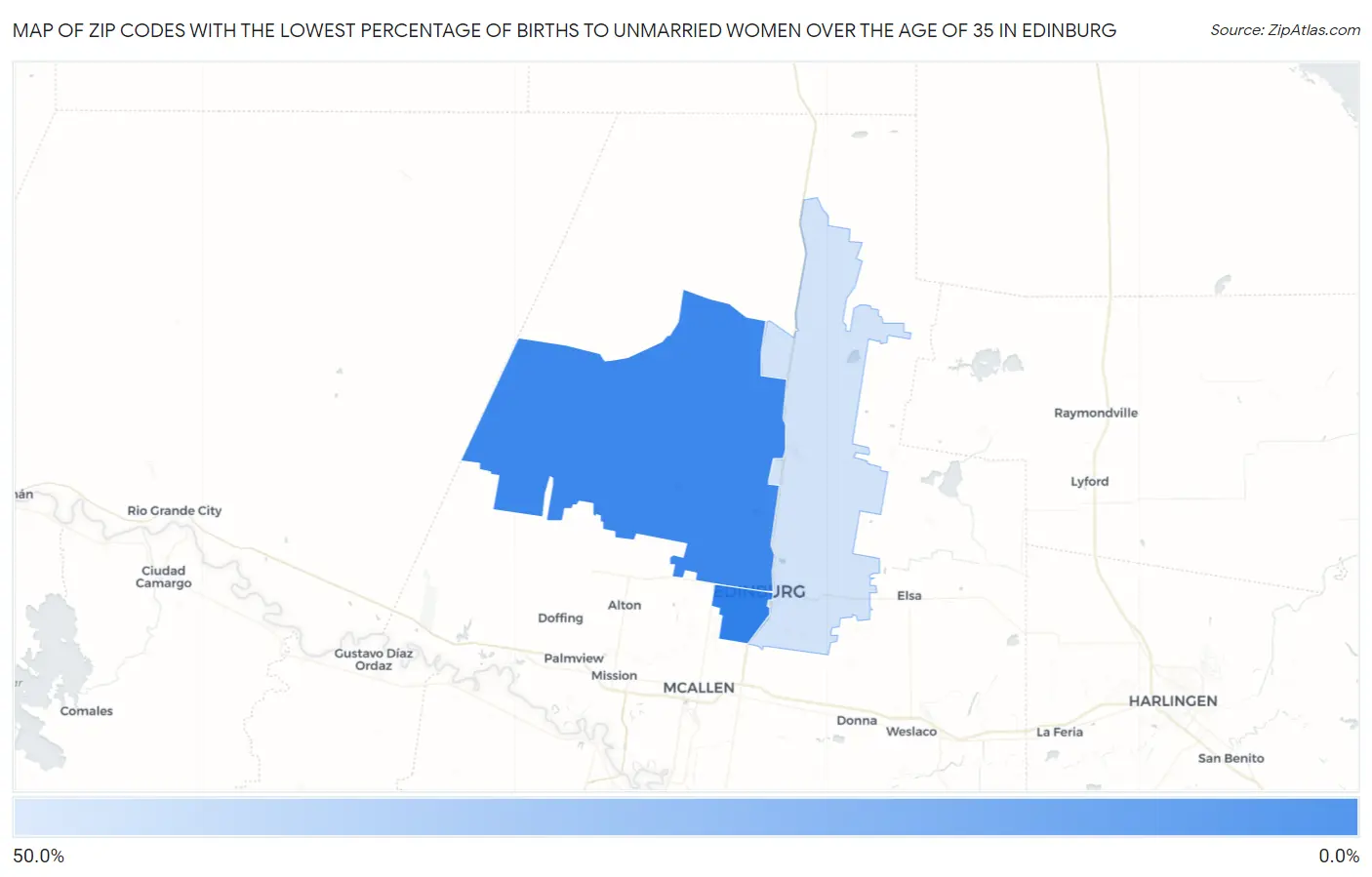 Zip Codes with the Lowest Percentage of Births to Unmarried Women over the Age of 35 in Edinburg Map