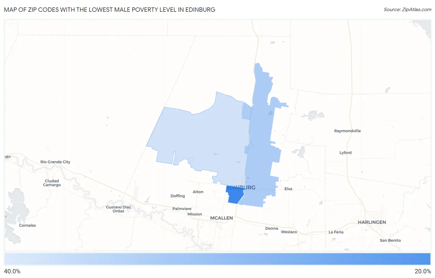 Zip Codes with the Lowest Male Poverty Level in Edinburg Map