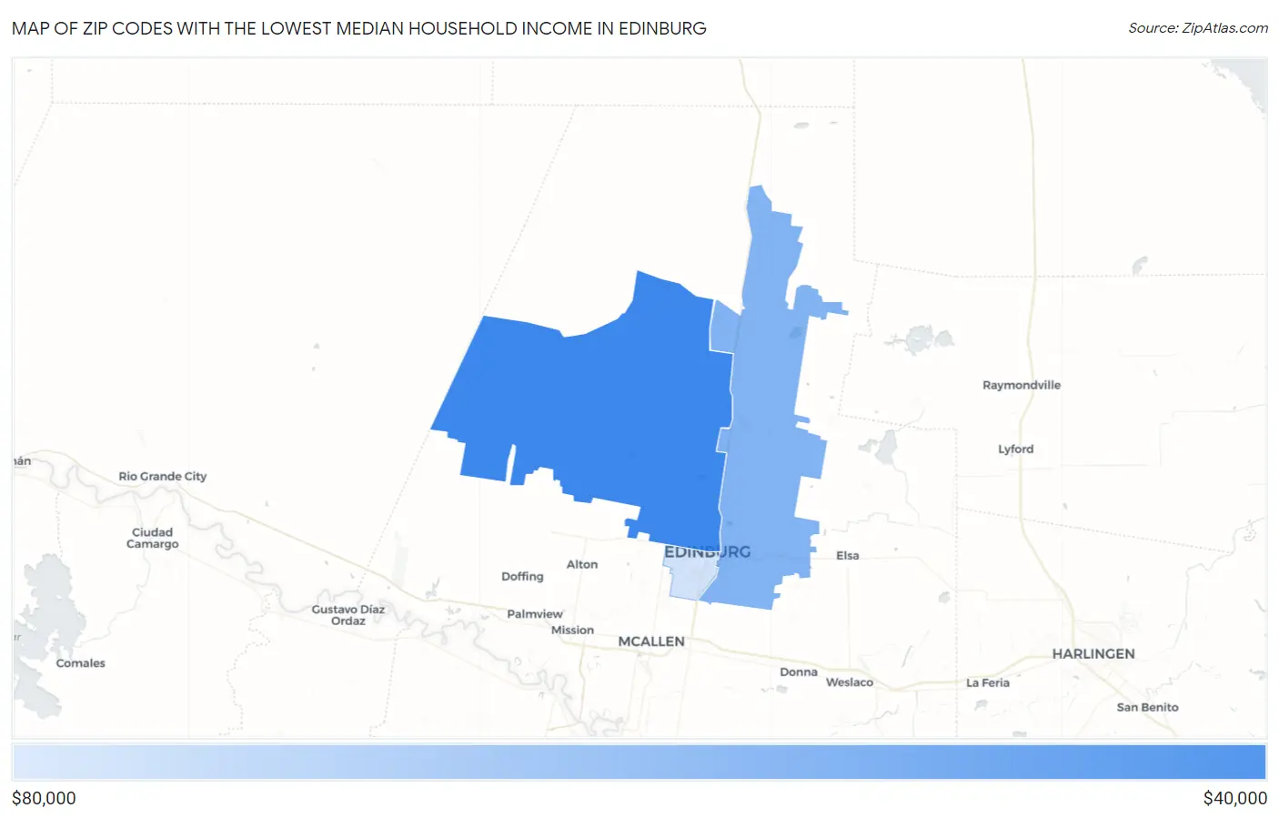 Zip Codes with the Lowest Median Household Income in Edinburg Map