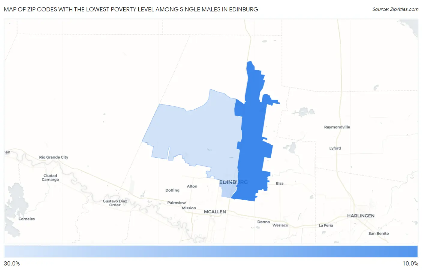 Zip Codes with the Lowest Poverty Level Among Single Males in Edinburg Map