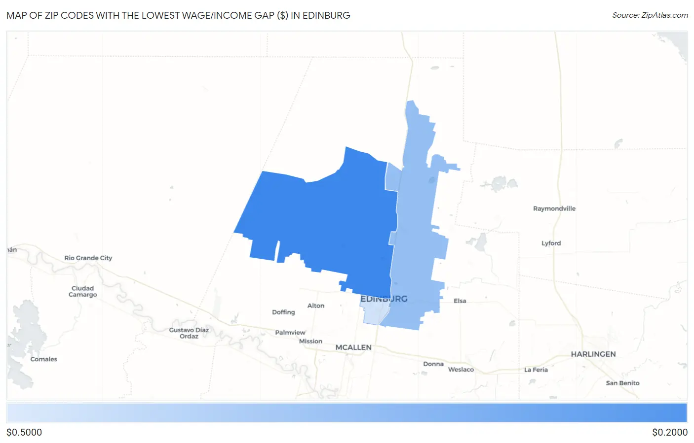 Zip Codes with the Lowest Wage/Income Gap ($) in Edinburg Map