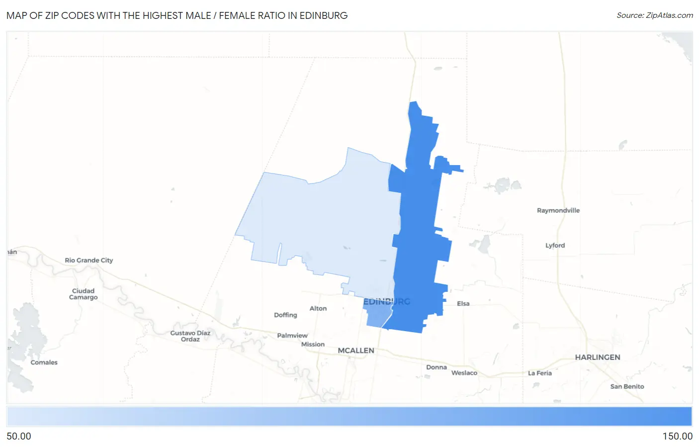 Zip Codes with the Highest Male / Female Ratio in Edinburg Map