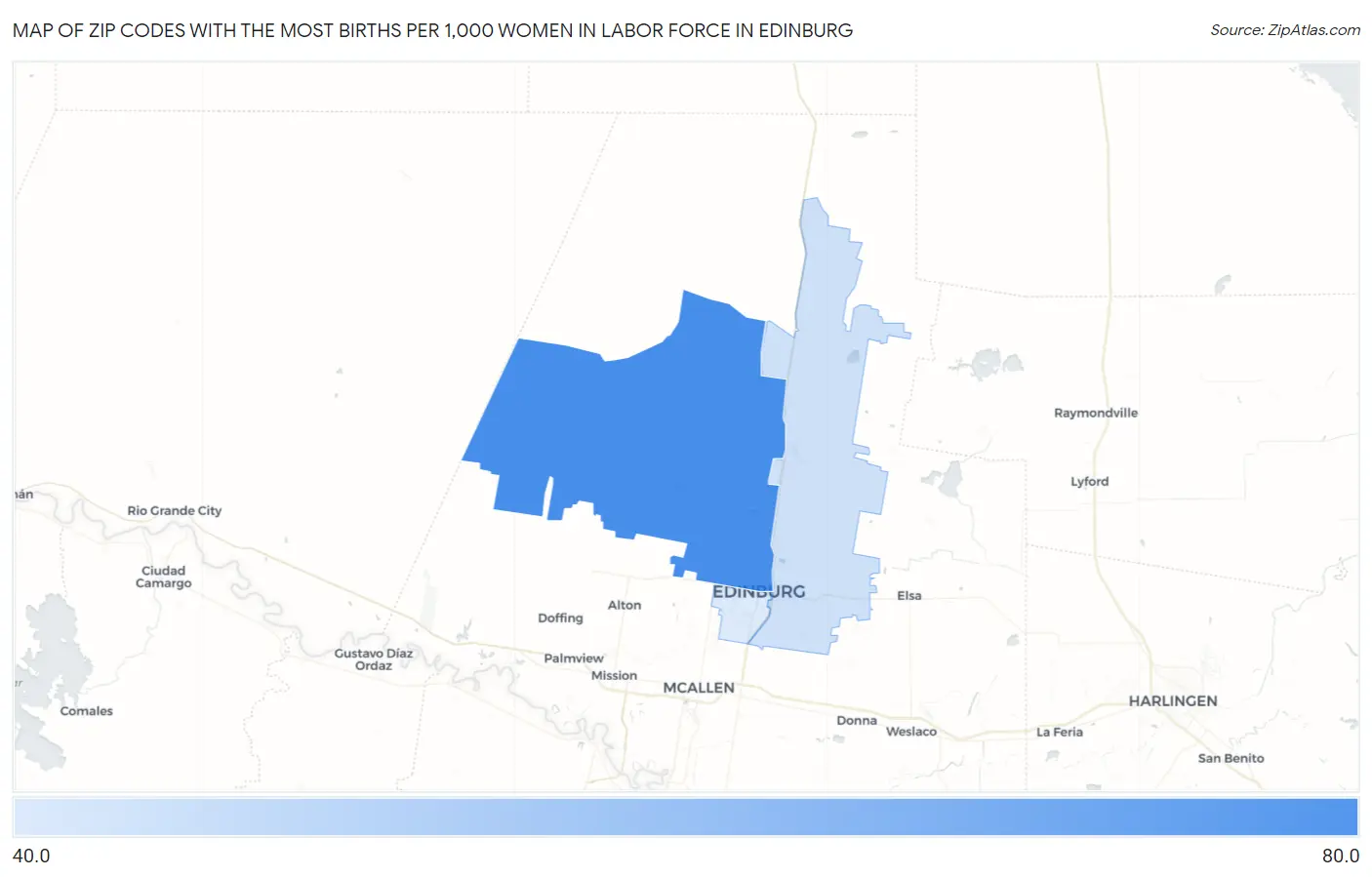 Zip Codes with the Most Births per 1,000 Women in Labor Force in Edinburg Map
