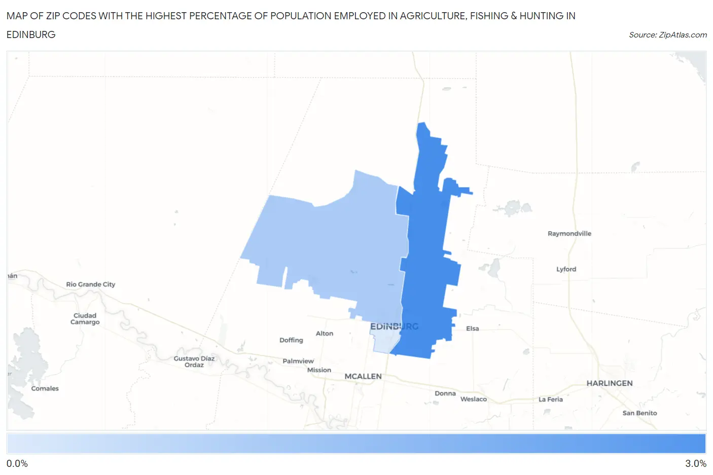 Zip Codes with the Highest Percentage of Population Employed in Agriculture, Fishing & Hunting in Edinburg Map