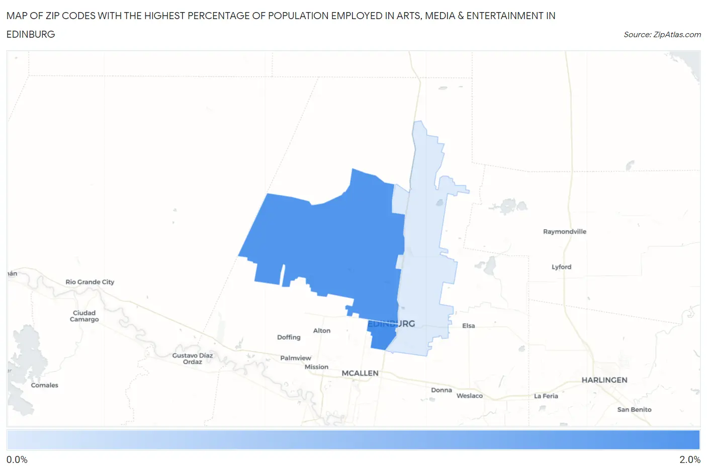 Zip Codes with the Highest Percentage of Population Employed in Arts, Media & Entertainment in Edinburg Map