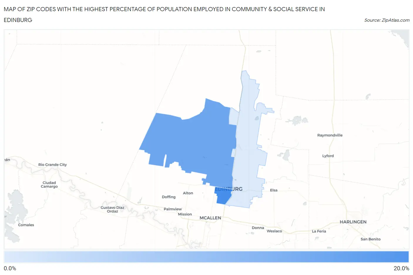 Zip Codes with the Highest Percentage of Population Employed in Community & Social Service  in Edinburg Map