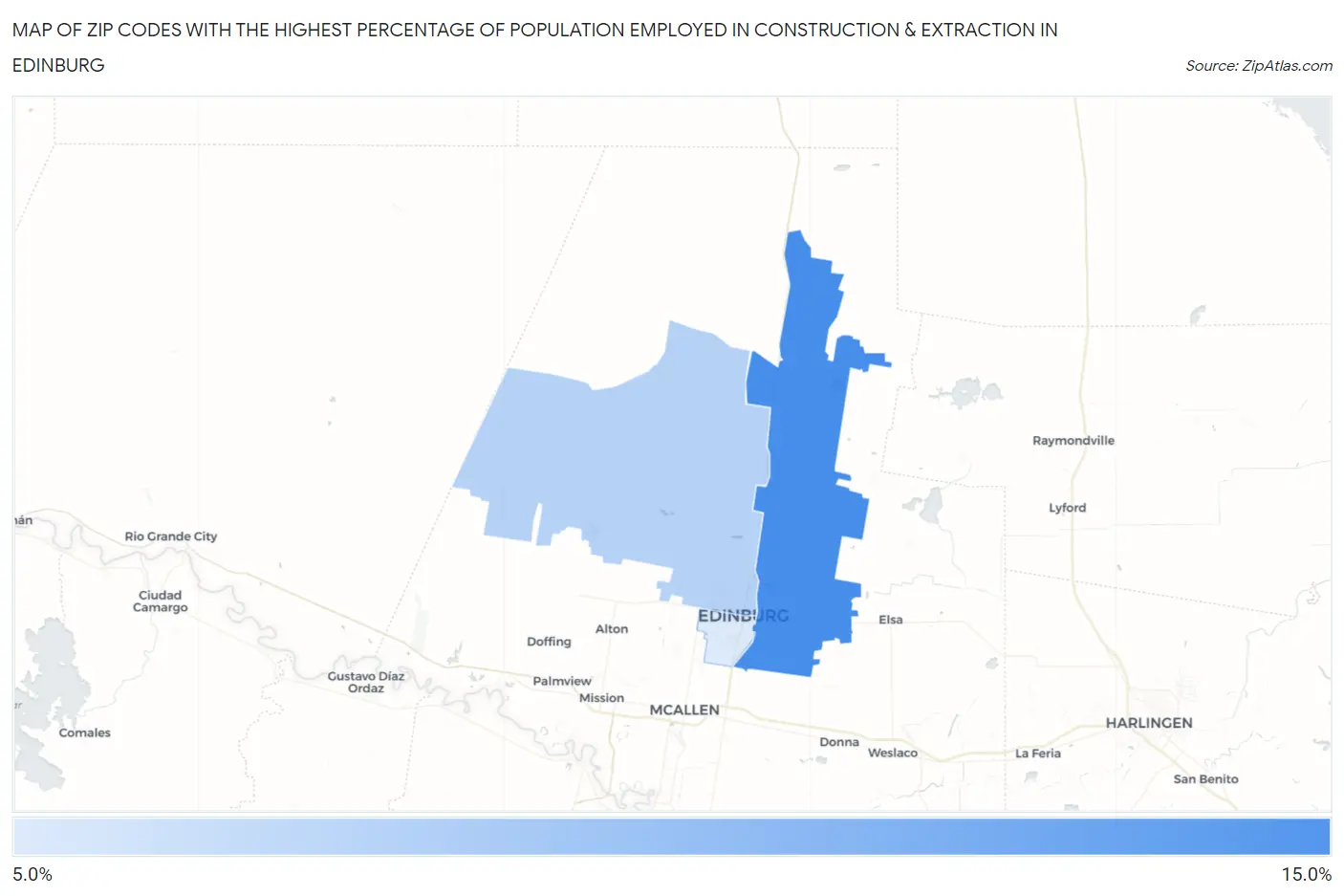 Zip Codes with the Highest Percentage of Population Employed in Construction & Extraction in Edinburg Map