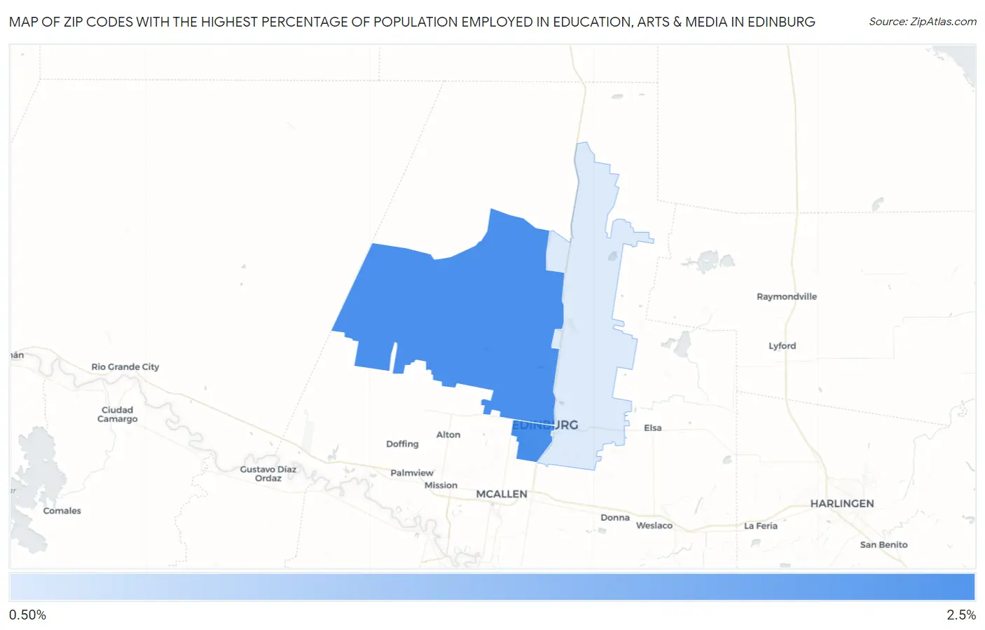Zip Codes with the Highest Percentage of Population Employed in Education, Arts & Media in Edinburg Map