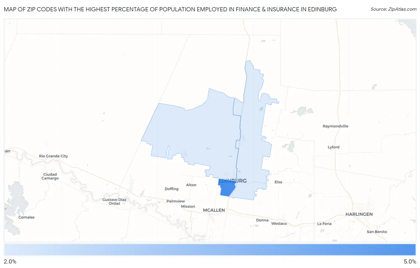 Zip Codes with the Highest Percentage of Population Employed in Finance & Insurance in Edinburg Map