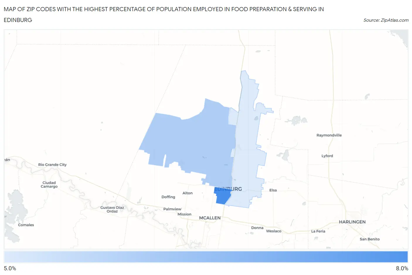 Zip Codes with the Highest Percentage of Population Employed in Food Preparation & Serving in Edinburg Map