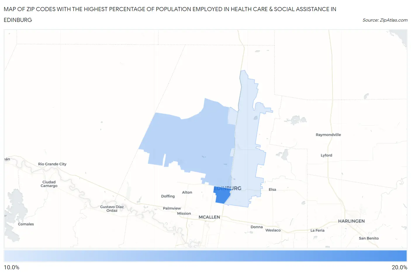 Zip Codes with the Highest Percentage of Population Employed in Health Care & Social Assistance in Edinburg Map