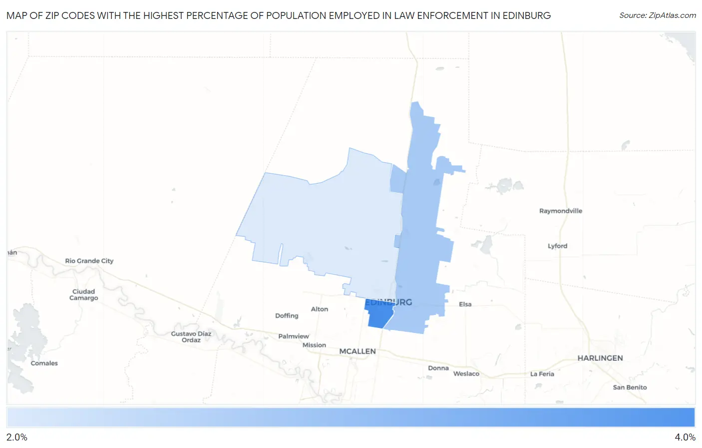 Zip Codes with the Highest Percentage of Population Employed in Law Enforcement in Edinburg Map