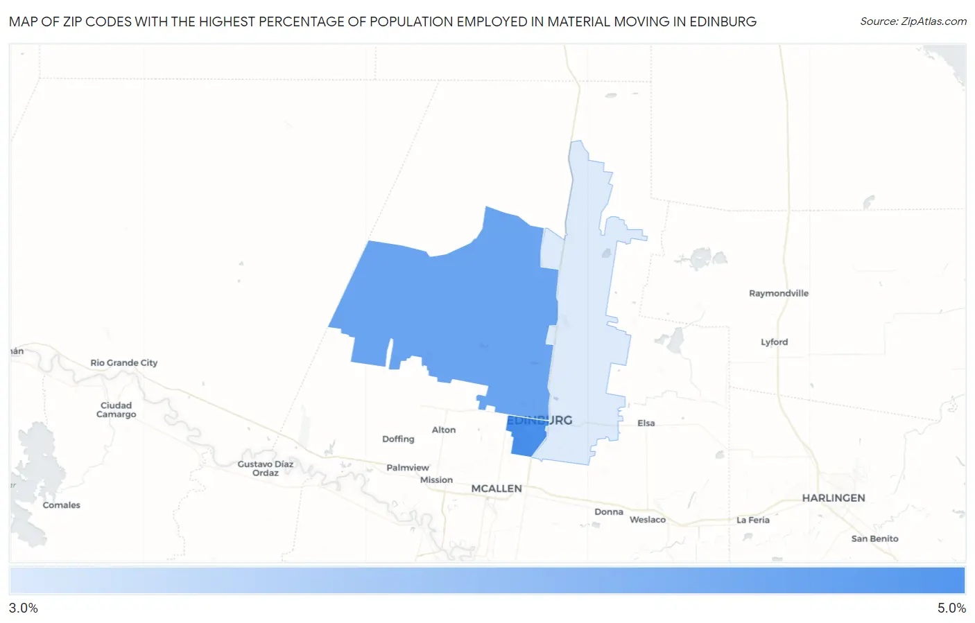 Zip Codes with the Highest Percentage of Population Employed in Material Moving in Edinburg Map