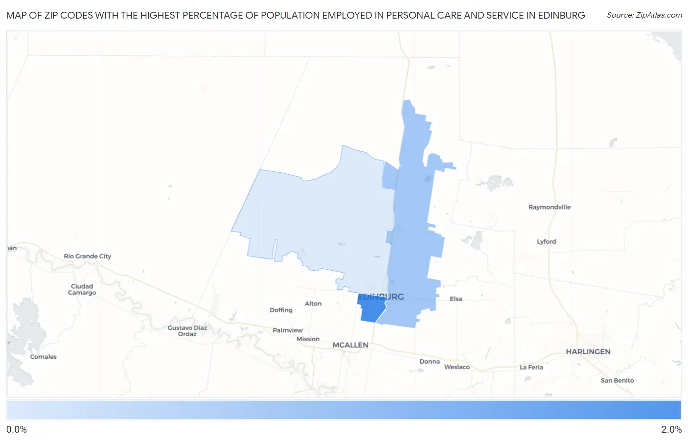 Zip Codes with the Highest Percentage of Population Employed in Personal Care and Service in Edinburg Map