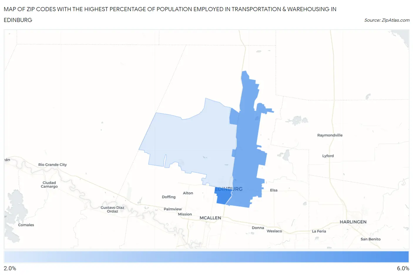 Zip Codes with the Highest Percentage of Population Employed in Transportation & Warehousing in Edinburg Map