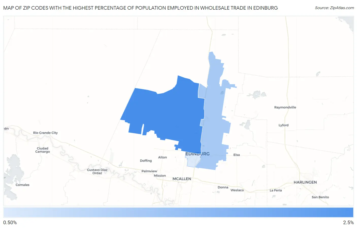 Zip Codes with the Highest Percentage of Population Employed in Wholesale Trade in Edinburg Map