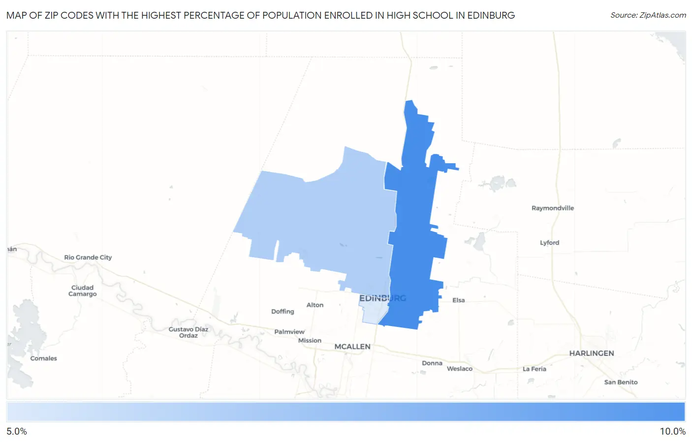 Zip Codes with the Highest Percentage of Population Enrolled in High School in Edinburg Map