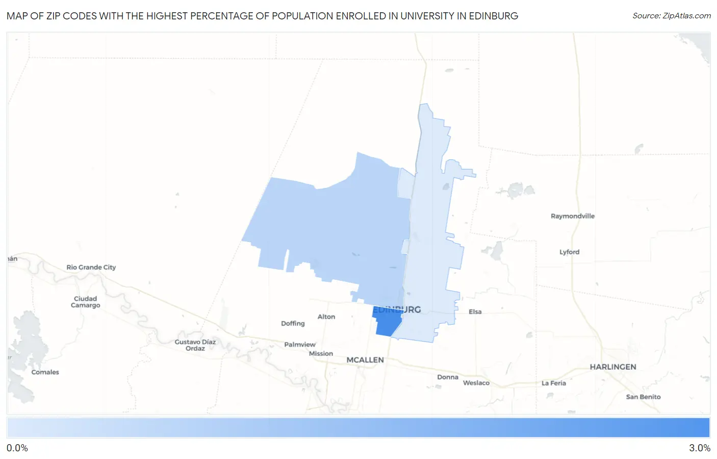 Zip Codes with the Highest Percentage of Population Enrolled in University in Edinburg Map