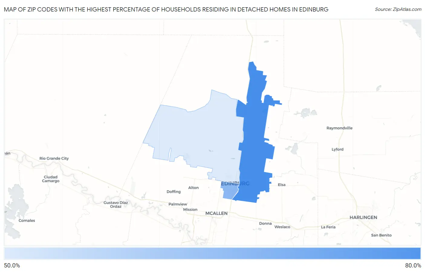 Zip Codes with the Highest Percentage of Households Residing in Detached Homes in Edinburg Map