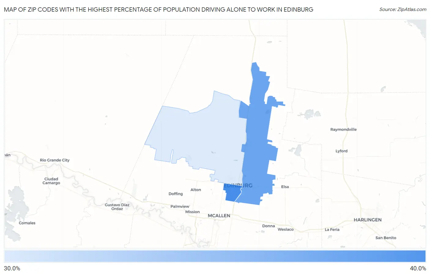 Zip Codes with the Highest Percentage of Population Driving Alone to Work in Edinburg Map