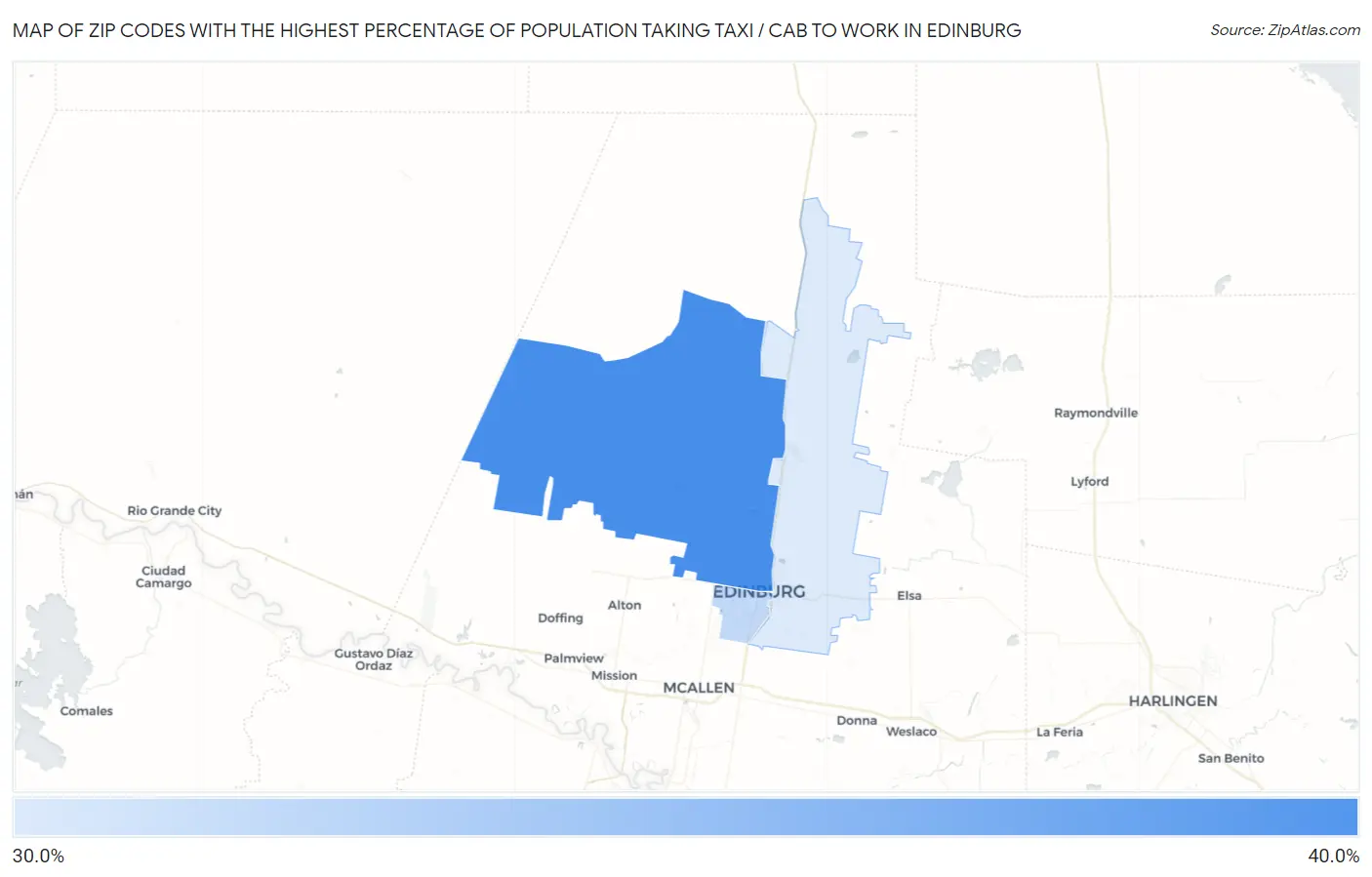 Zip Codes with the Highest Percentage of Population Taking Taxi / Cab to Work in Edinburg Map