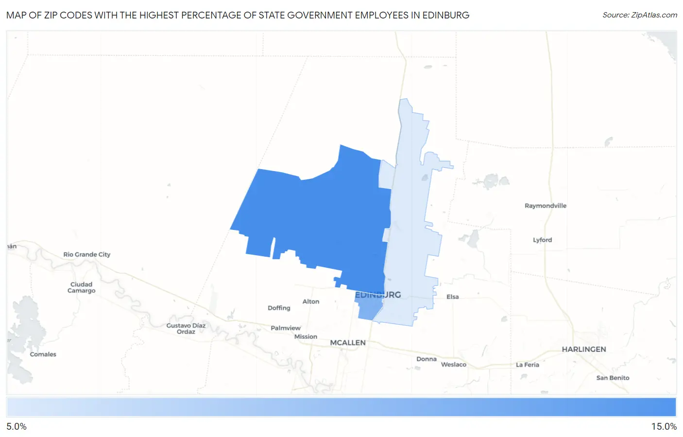 Zip Codes with the Highest Percentage of State Government Employees in Edinburg Map