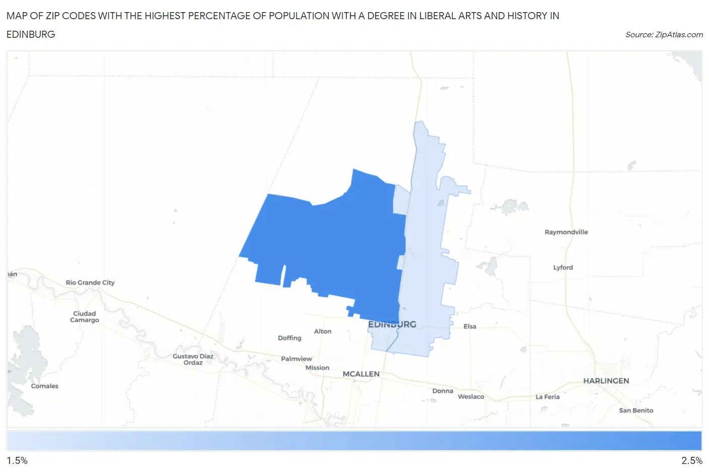 Zip Codes with the Highest Percentage of Population with a Degree in Liberal Arts and History in Edinburg Map