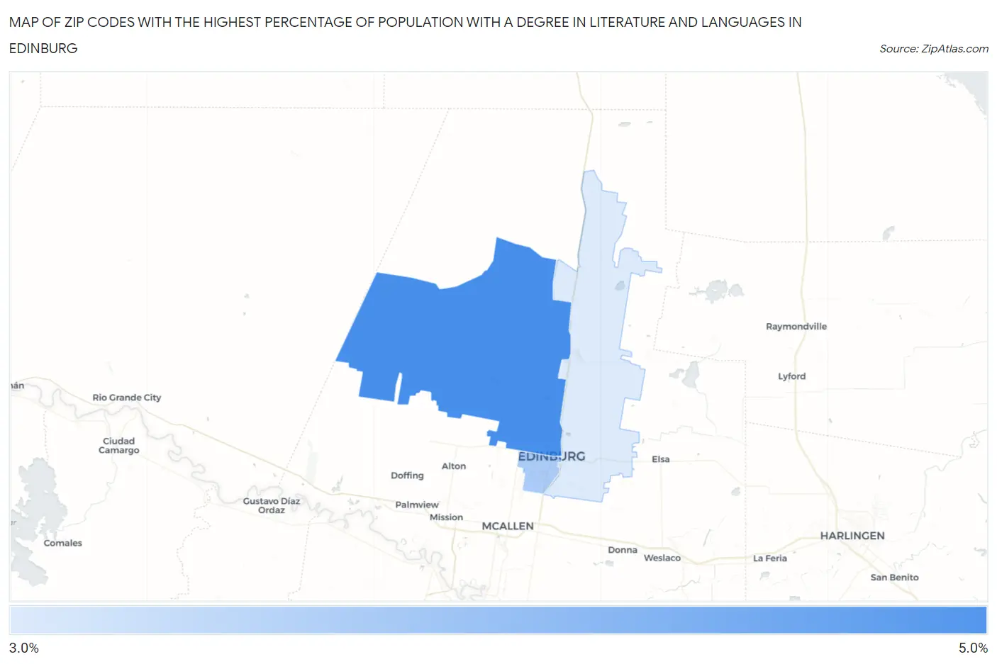 Zip Codes with the Highest Percentage of Population with a Degree in Literature and Languages in Edinburg Map